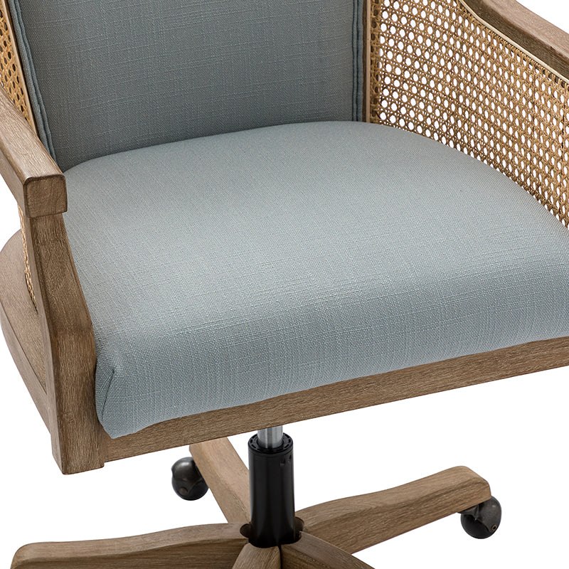 Fauteuil de bureau en rotin à dossier incurvé avec siège en polyester-lin, hauteur réglable et base pivotante | Ivoire / Bleu / Lin | Siège individuel