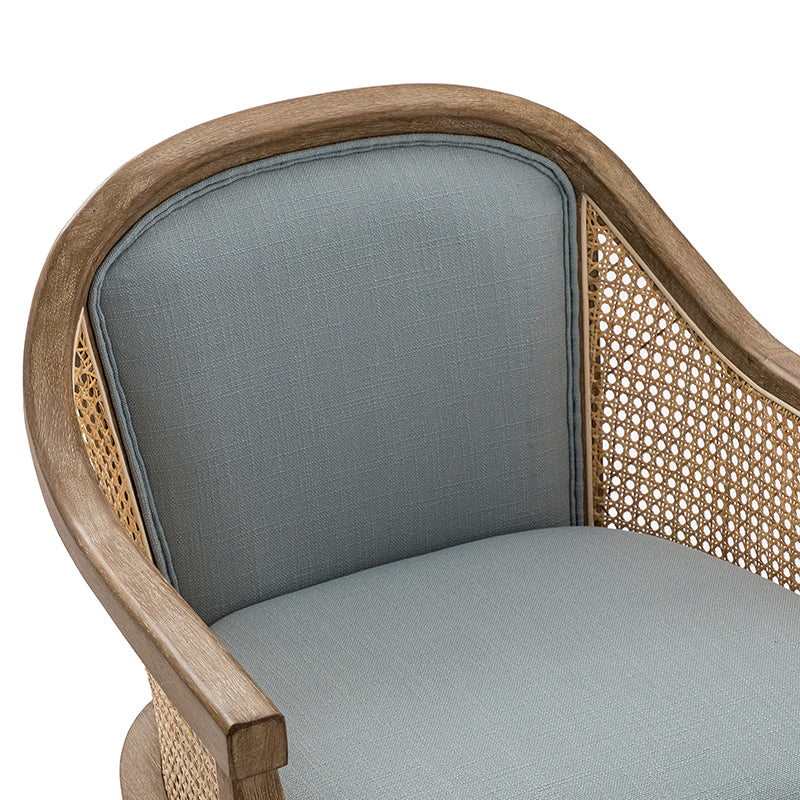 Fauteuil de bureau en rotin à dossier incurvé avec siège en polyester-lin, hauteur réglable et base pivotante | Ivoire / Bleu / Lin | Siège individuel