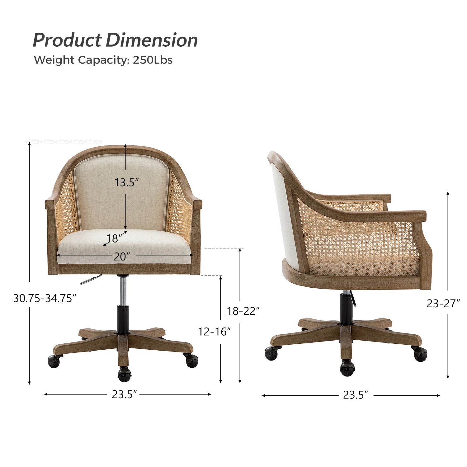 Fauteuil de bureau en rotin à dossier incurvé avec siège en polyester-lin, hauteur réglable et base pivotante | Ivoire / Bleu / Lin | Siège individuel