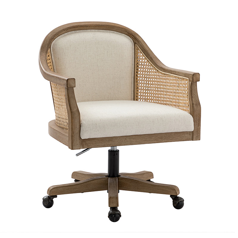 Fauteuil de bureau en rotin à dossier incurvé avec siège en polyester-lin, hauteur réglable et base pivotante | Ivoire / Bleu / Lin | Siège individuel