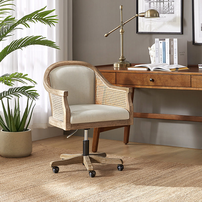 Fauteuil de bureau en rotin à dossier incurvé avec siège en polyester-lin, hauteur réglable et base pivotante | Ivoire / Bleu / Lin | Siège individuel