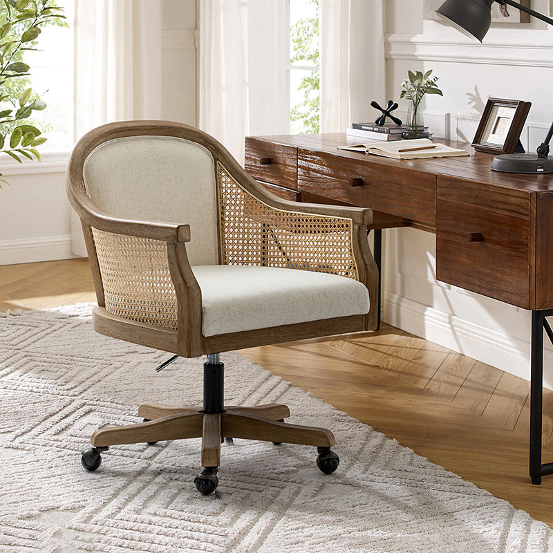 Fauteuil de bureau en rotin à dossier incurvé avec siège en polyester-lin, hauteur réglable et base pivotante | Ivoire / Bleu / Lin | Siège individuel