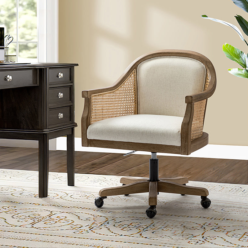 Fauteuil de bureau en rotin à dossier incurvé avec siège en polyester-lin, hauteur réglable et base pivotante | Ivoire / Bleu / Lin | Siège individuel