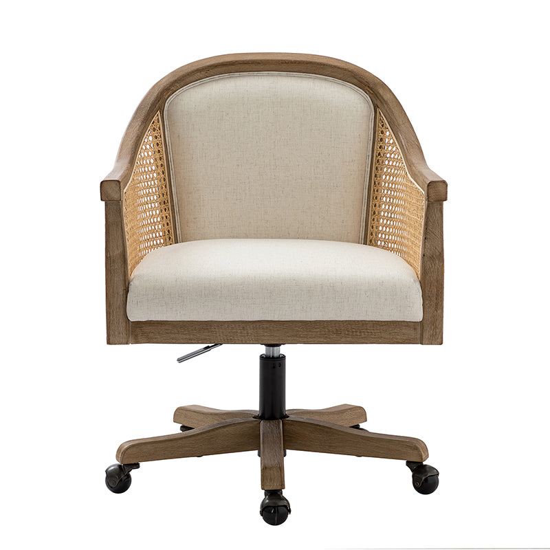 Fauteuil de bureau en rotin à dossier incurvé avec siège en polyester-lin, hauteur réglable et base pivotante | Ivoire / Bleu / Lin | Siège individuel