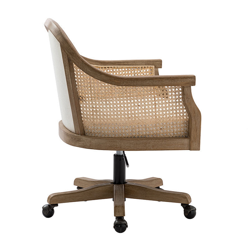 Fauteuil de bureau en rotin à dossier incurvé avec siège en polyester-lin, hauteur réglable et base pivotante | Ivoire / Bleu / Lin | Siège individuel