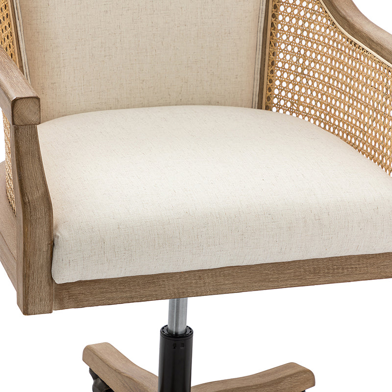 Fauteuil de bureau en rotin à dossier incurvé avec siège en polyester-lin, hauteur réglable et base pivotante | Ivoire / Bleu / Lin | Siège individuel