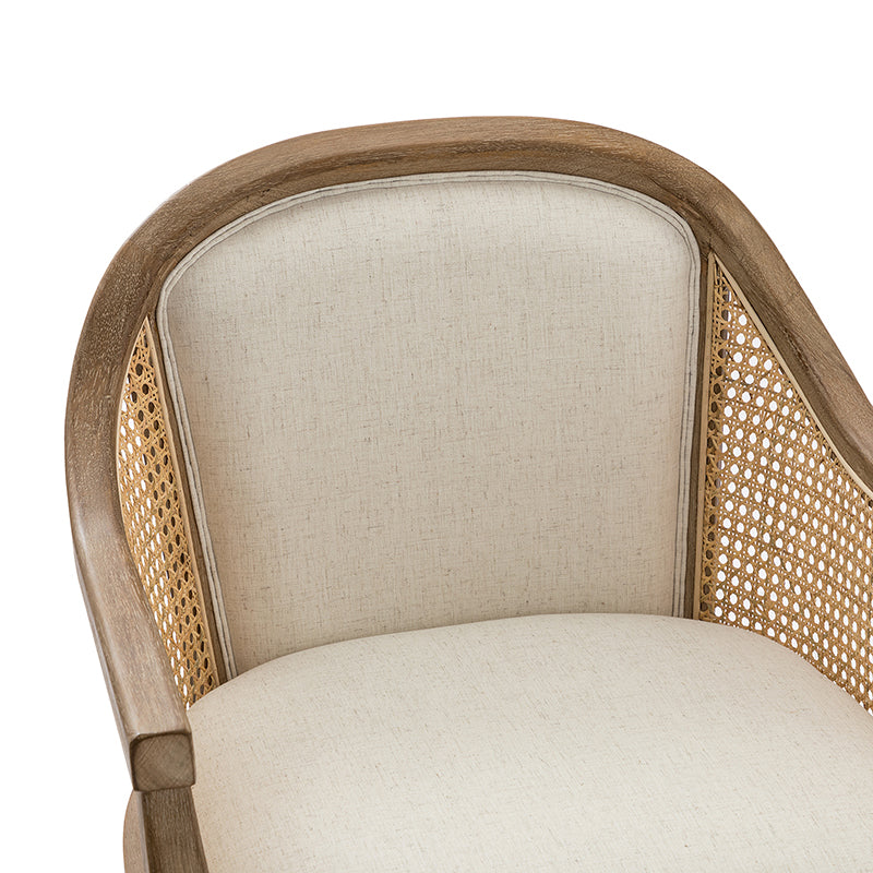 Fauteuil de bureau en rotin à dossier incurvé avec siège en polyester-lin, hauteur réglable et base pivotante | Ivoire / Bleu / Lin | Siège individuel