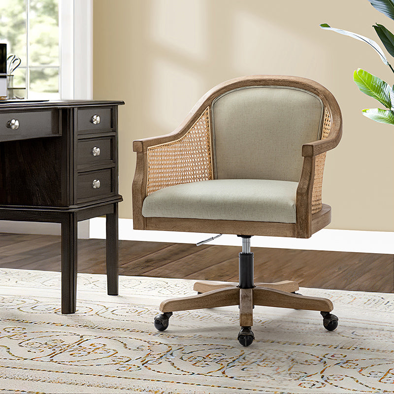 Fauteuil de bureau en rotin à dossier incurvé avec siège en polyester-lin, hauteur réglable et base pivotante | Ivoire / Bleu / Lin | Siège individuel