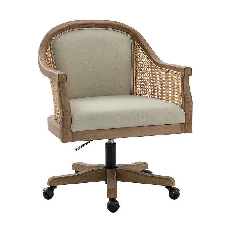 Fauteuil de bureau en rotin à dossier incurvé avec siège en polyester-lin, hauteur réglable et base pivotante | Ivoire / Bleu / Lin | Siège individuel
