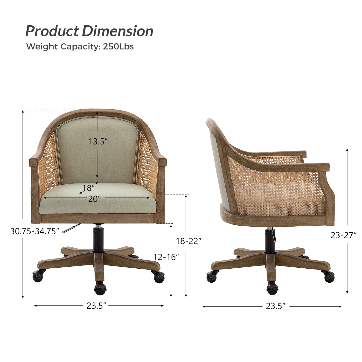 Fauteuil de bureau en rotin à dossier incurvé avec siège en polyester-lin, hauteur réglable et base pivotante | Ivoire / Bleu / Lin | Siège individuel