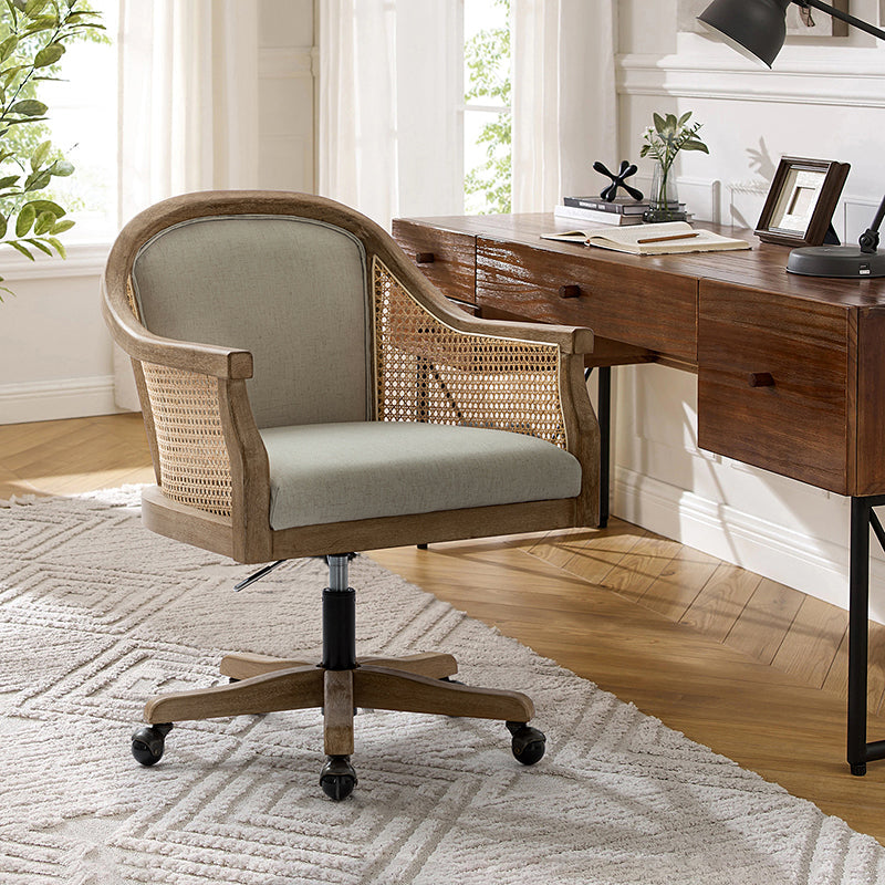 Fauteuil de bureau en rotin à dossier incurvé avec siège en polyester-lin, hauteur réglable et base pivotante | Ivoire / Bleu / Lin | Siège individuel
