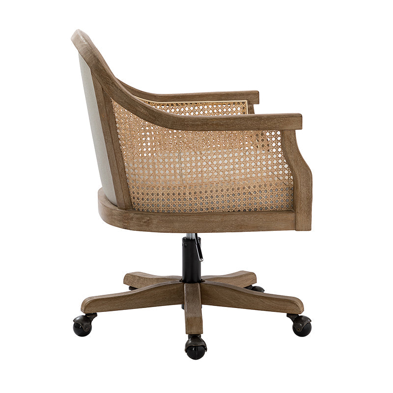 Fauteuil de bureau en rotin à dossier incurvé avec siège en polyester-lin, hauteur réglable et base pivotante | Ivoire / Bleu / Lin | Siège individuel