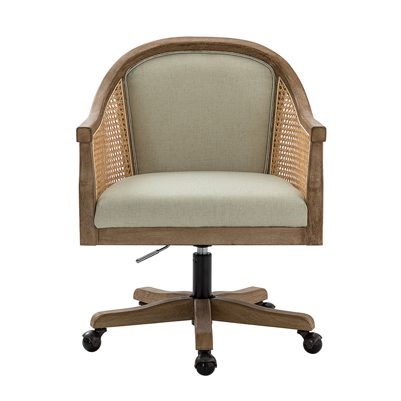 Fauteuil de bureau en rotin à dossier incurvé avec siège en polyester-lin, hauteur réglable et base pivotante | Ivoire / Bleu / Lin | Siège individuel