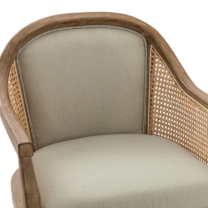 Fauteuil de bureau en rotin à dossier incurvé avec siège en polyester-lin, hauteur réglable et base pivotante | Ivoire / Bleu / Lin | Siège individuel