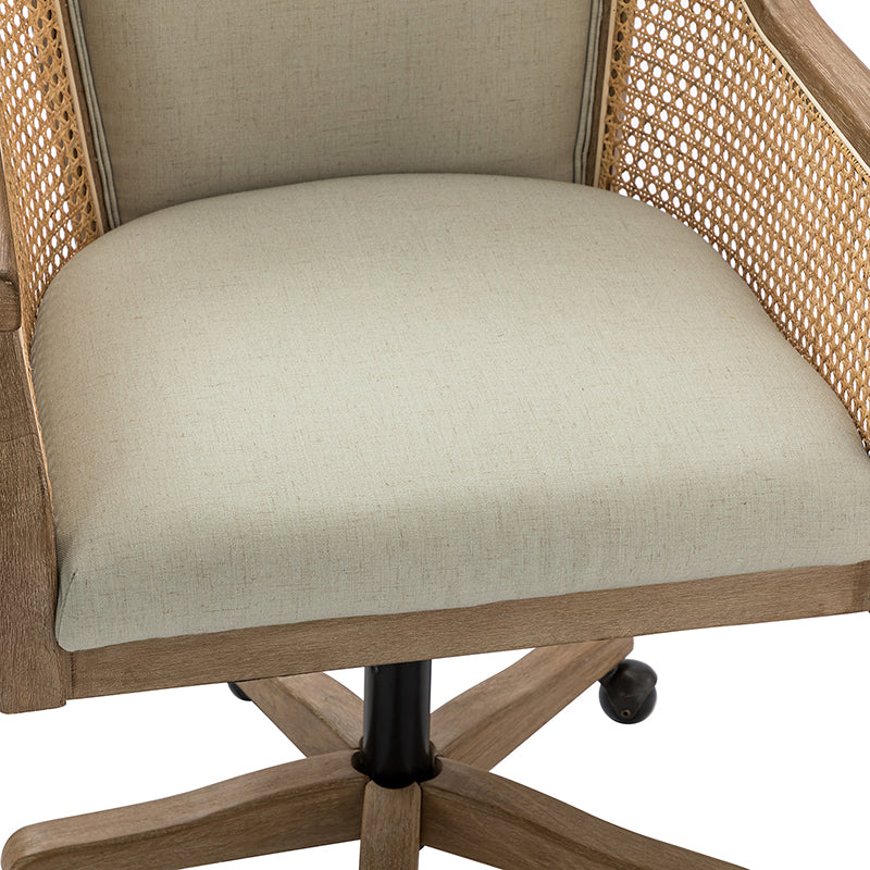 Fauteuil de bureau en rotin à dossier incurvé avec siège en polyester-lin, hauteur réglable et base pivotante | Ivoire / Bleu / Lin | Siège individuel