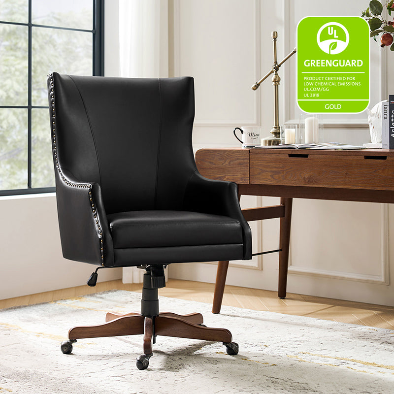 Chaise de bureau à dossier haut en cuir PU avec clous décoratifs en cuivre, hauteur réglable et pivotante | Camel / Noir / Marron | Un siège