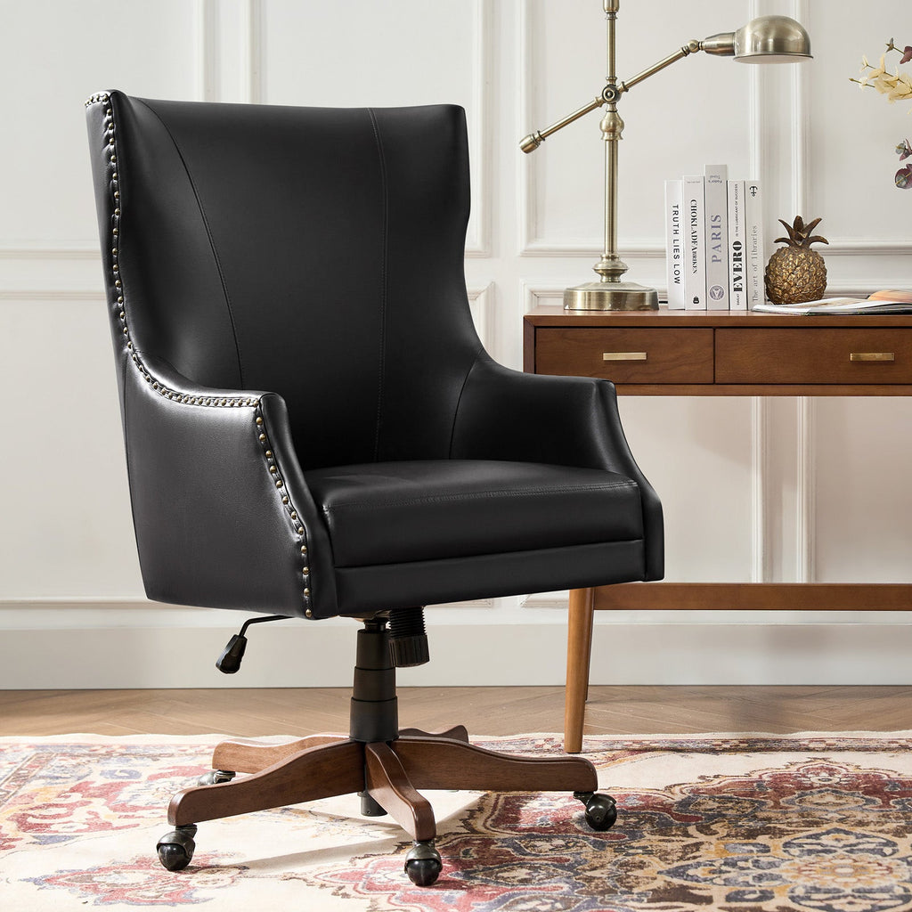 Chaise de bureau à dossier haut en cuir PU avec clous décoratifs en cuivre, hauteur réglable et pivotante | Camel / Noir / Marron | Un siège