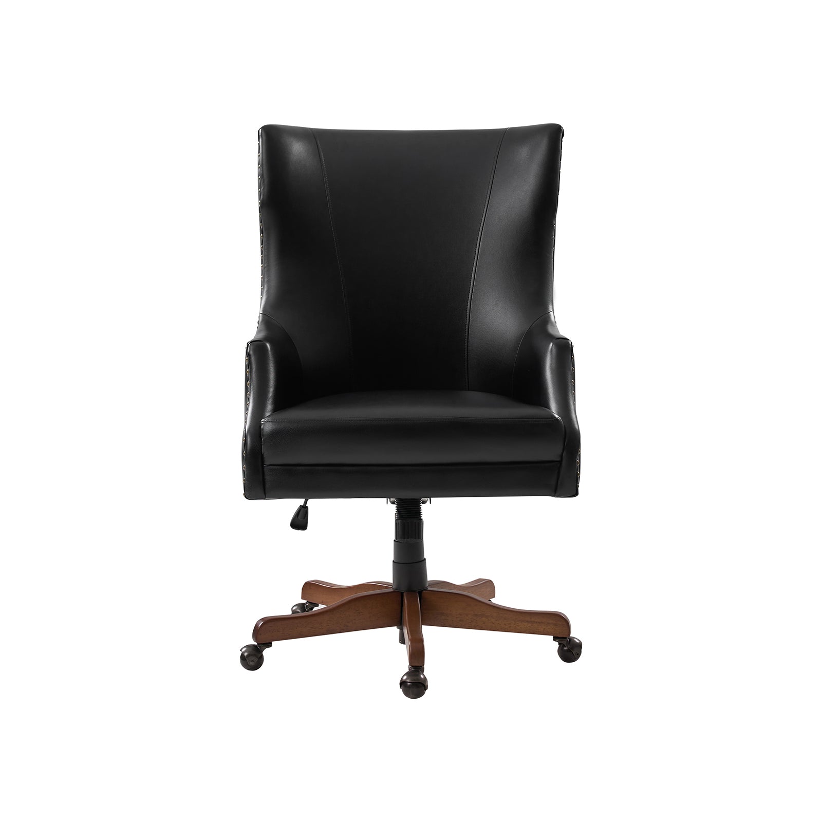 Chaise de bureau à dossier haut en cuir PU avec clous décoratifs en cuivre, hauteur réglable et pivotante | Camel / Noir / Marron | Un siège