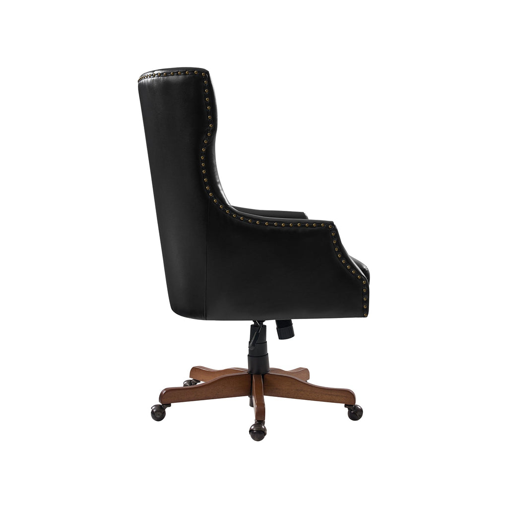 Chaise de bureau à dossier haut en cuir PU avec clous décoratifs en cuivre, hauteur réglable et pivotante | Camel / Noir / Marron | Un siège