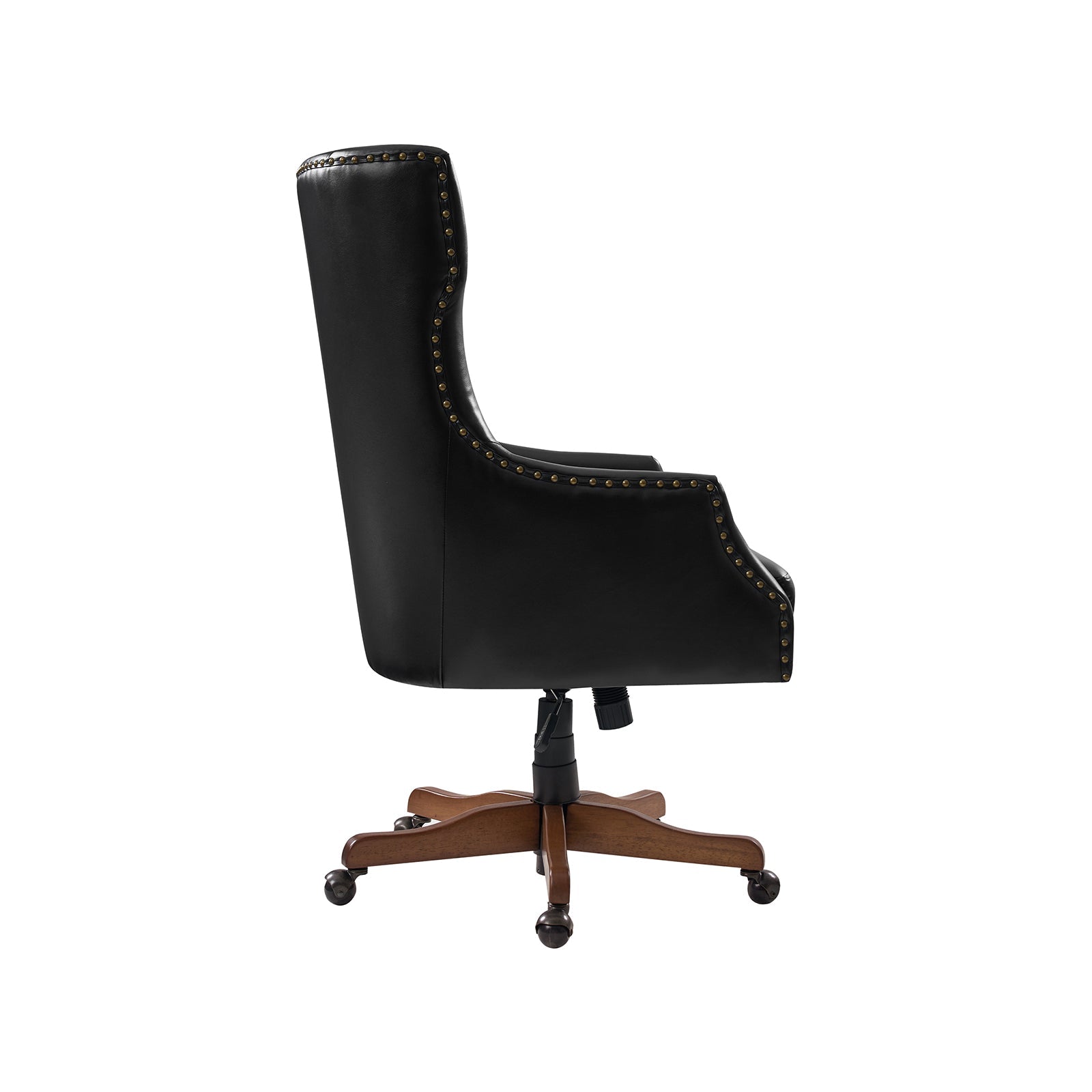 Chaise de bureau à dossier haut en cuir PU avec clous décoratifs en cuivre, hauteur réglable et pivotante | Camel / Noir / Marron | Un siège