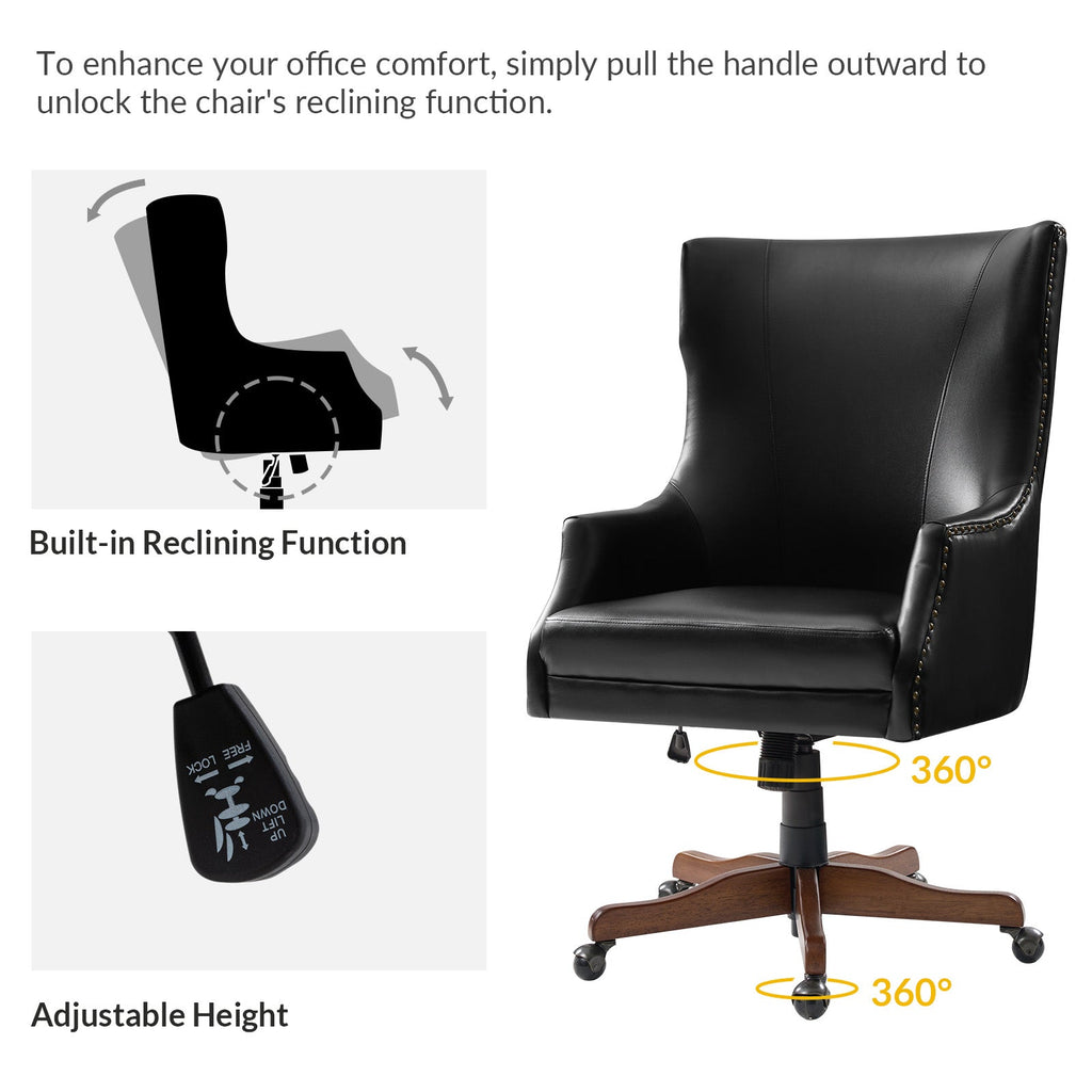 Chaise de bureau à dossier haut en cuir PU avec clous décoratifs en cuivre, hauteur réglable et pivotante | Camel / Noir / Marron | Un siège