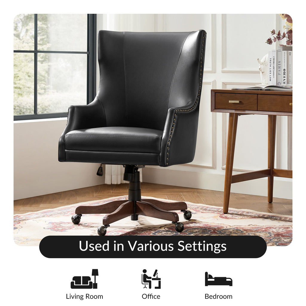 Chaise de bureau à dossier haut en cuir PU avec clous décoratifs en cuivre, hauteur réglable et pivotante | Camel / Noir / Marron | Un siège