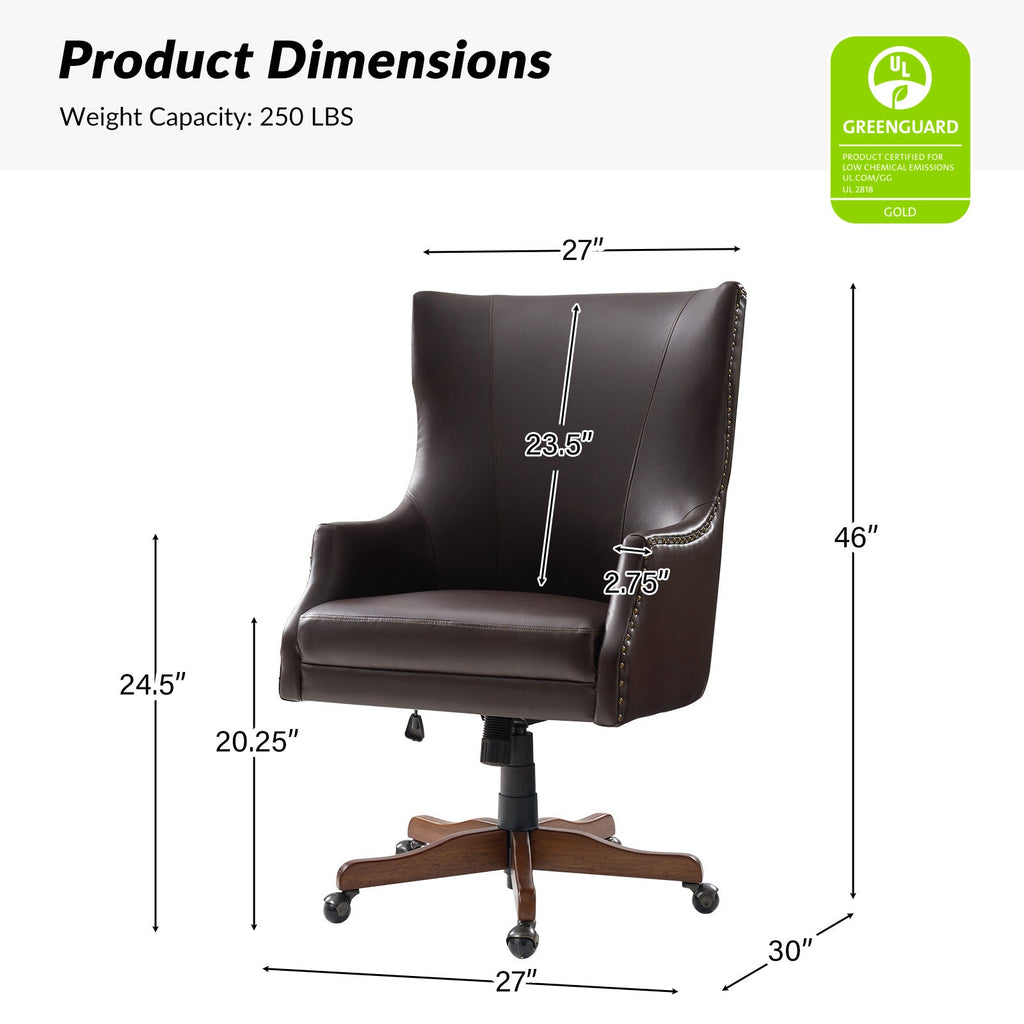 Chaise de bureau à dossier haut en cuir PU avec clous décoratifs en cuivre, hauteur réglable et pivotante | Camel / Noir / Marron | Un siège