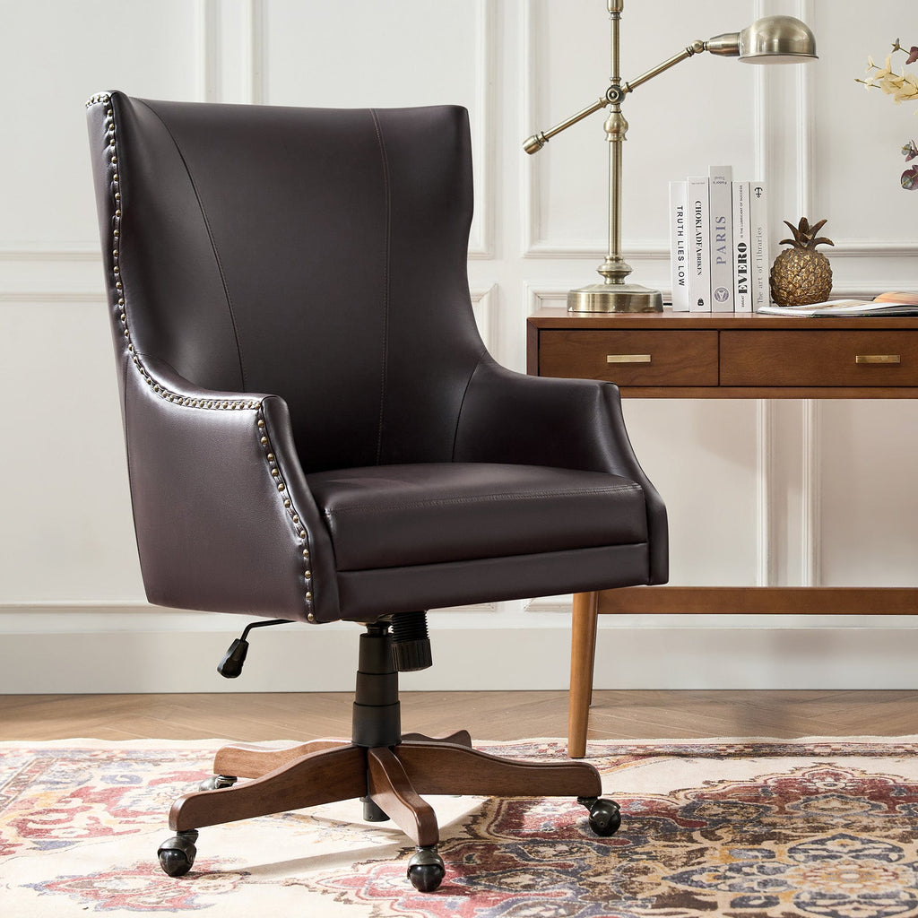 Chaise de bureau à dossier haut en cuir PU avec clous décoratifs en cuivre, hauteur réglable et pivotante | Camel / Noir / Marron | Un siège