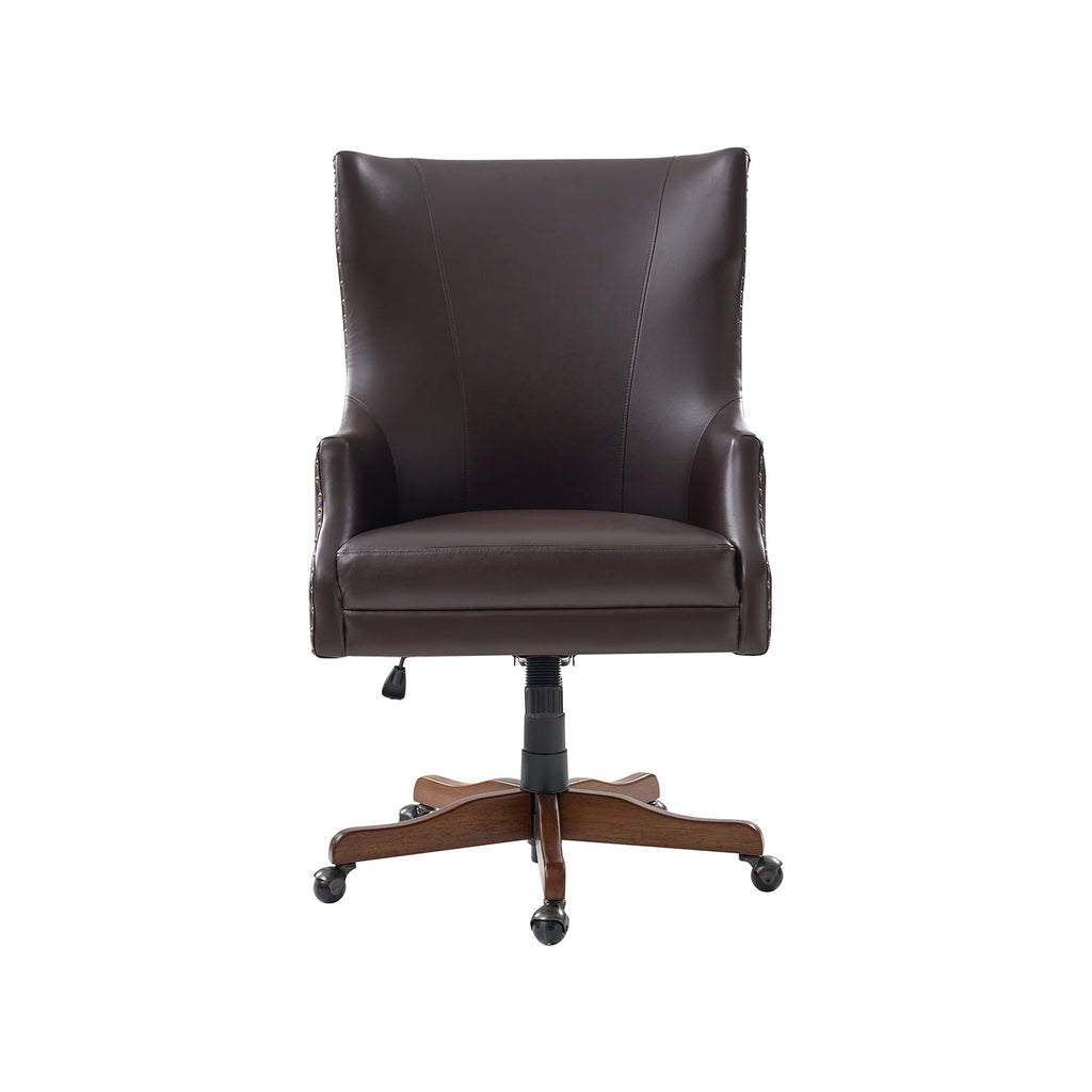 Chaise de bureau à dossier haut en cuir PU avec clous décoratifs en cuivre, hauteur réglable et pivotante | Camel / Noir / Marron | Un siège