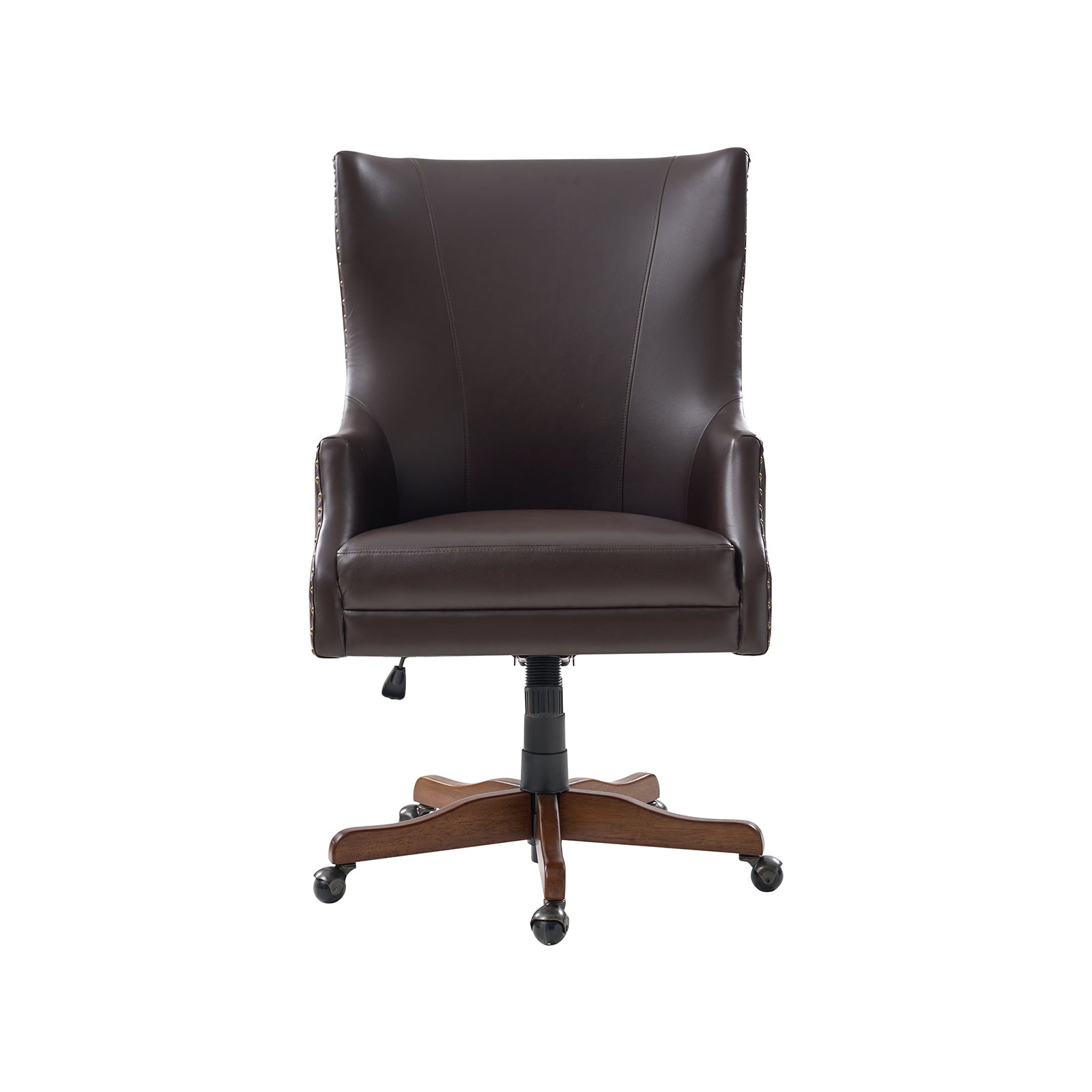 Chaise de bureau à dossier haut en cuir PU avec clous décoratifs en cuivre, hauteur réglable et pivotante | Camel / Noir / Marron | Un siège
