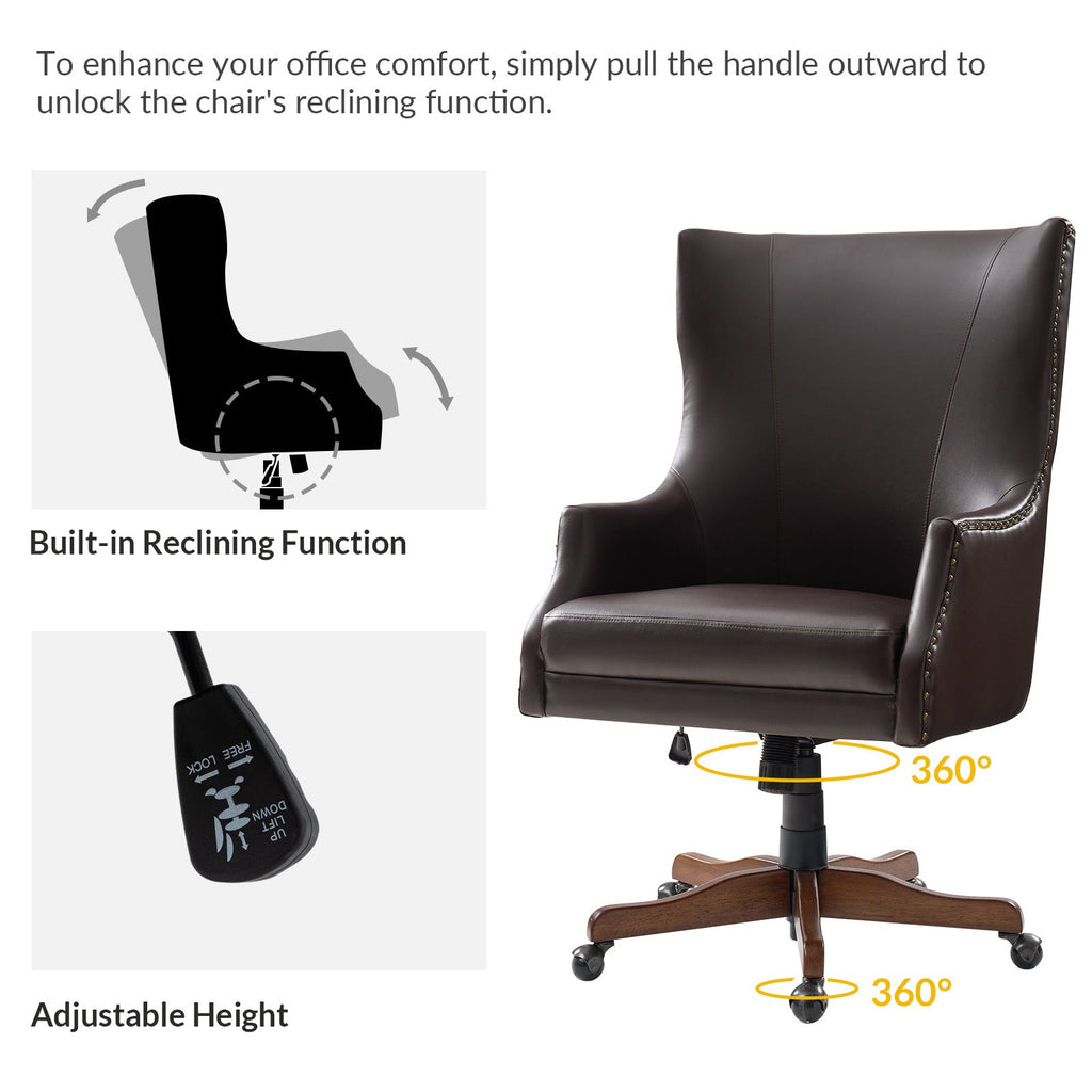 Chaise de bureau à dossier haut en cuir PU avec clous décoratifs en cuivre, hauteur réglable et pivotante | Camel / Noir / Marron | Un siège