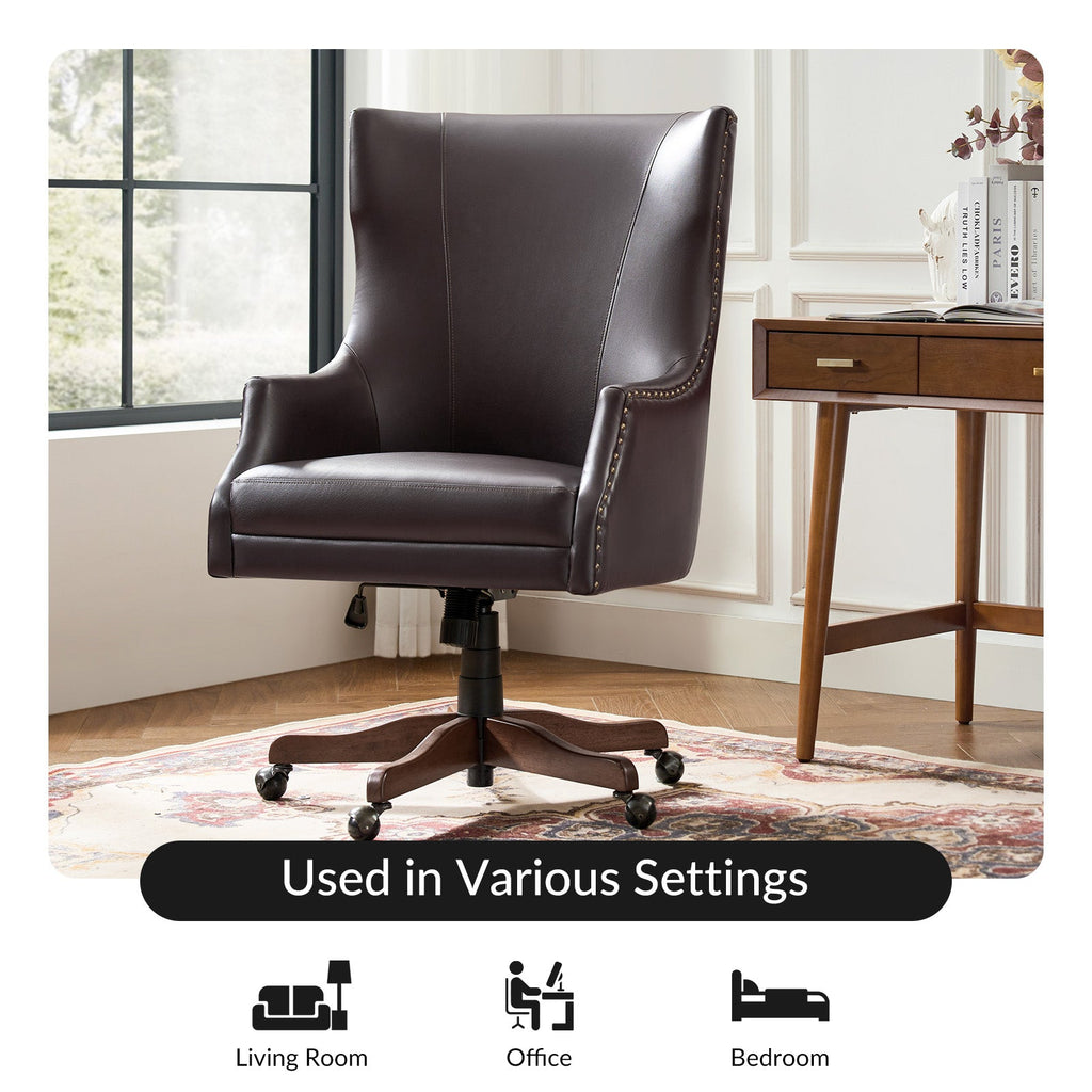 Chaise de bureau à dossier haut en cuir PU avec clous décoratifs en cuivre, hauteur réglable et pivotante | Camel / Noir / Marron | Un siège