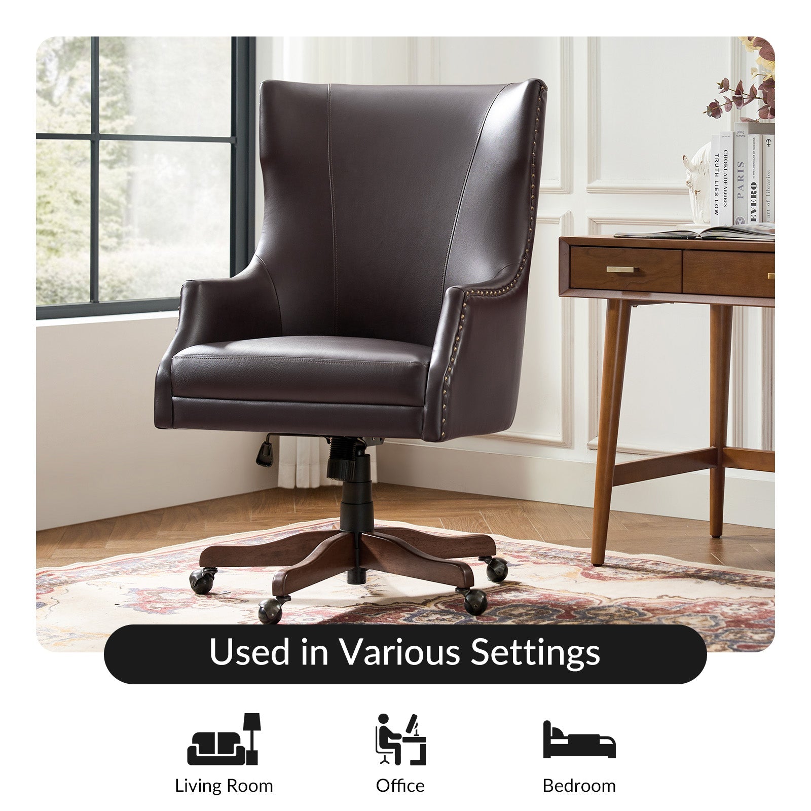 Chaise de bureau à dossier haut en cuir PU avec clous décoratifs en cuivre, hauteur réglable et pivotante | Camel / Noir / Marron | Un siège