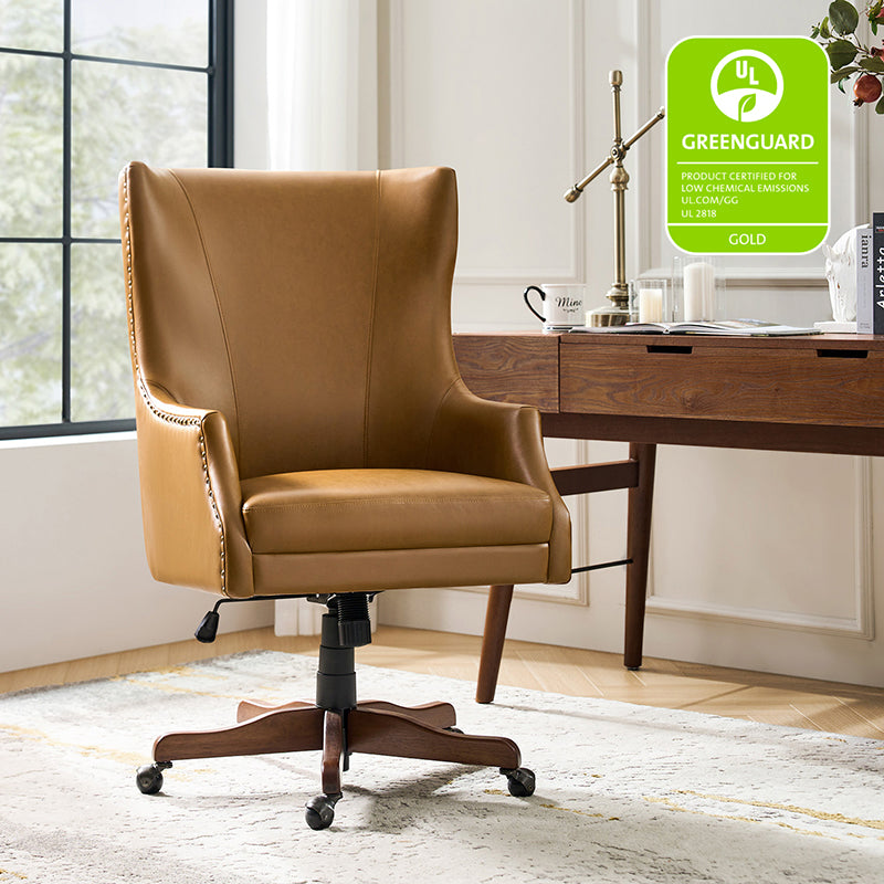 Chaise de bureau à dossier haut en cuir PU avec clous décoratifs en cuivre, hauteur réglable et pivotante | Camel / Noir / Marron | Un siège