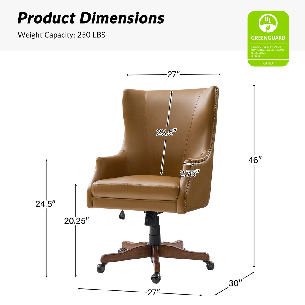 Chaise de bureau à dossier haut en cuir PU avec clous décoratifs en cuivre, hauteur réglable et pivotante | Camel / Noir / Marron | Un siège