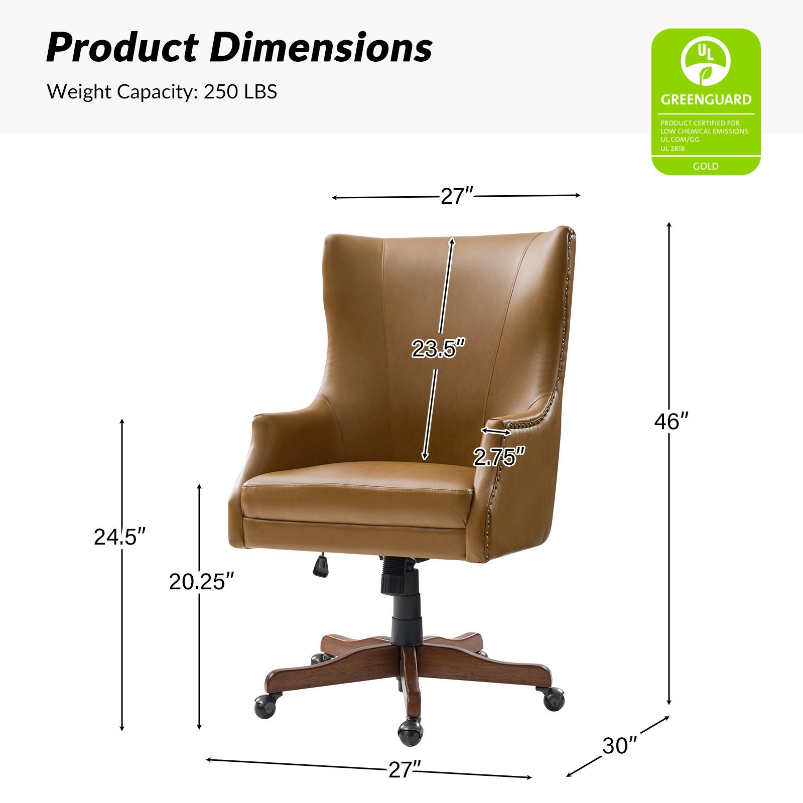 Chaise de bureau à dossier haut en cuir PU avec clous décoratifs en cuivre, hauteur réglable et pivotante | Camel / Noir / Marron | Un siège