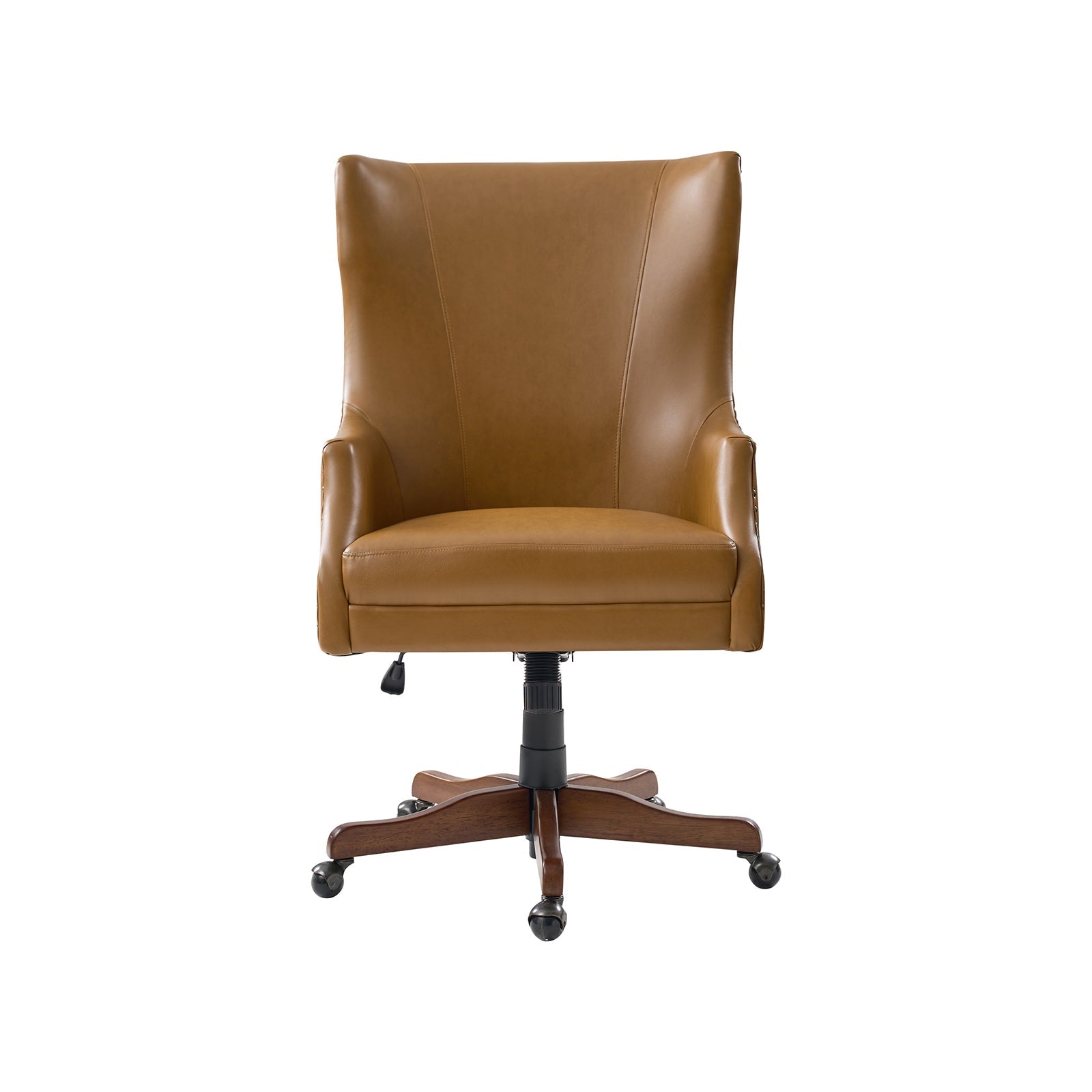 Chaise de bureau à dossier haut en cuir PU avec clous décoratifs en cuivre, hauteur réglable et pivotante | Camel / Noir / Marron | Un siège