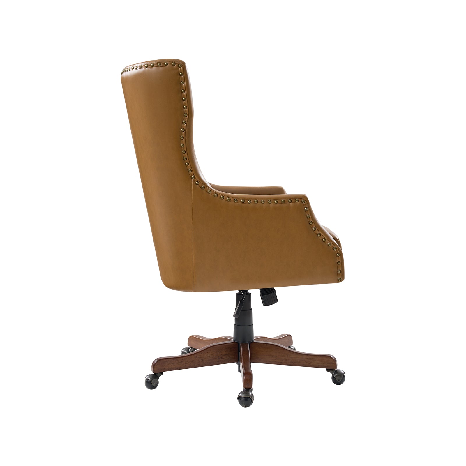 Chaise de bureau à dossier haut en cuir PU avec clous décoratifs en cuivre, hauteur réglable et pivotante | Camel / Noir / Marron | Un siège