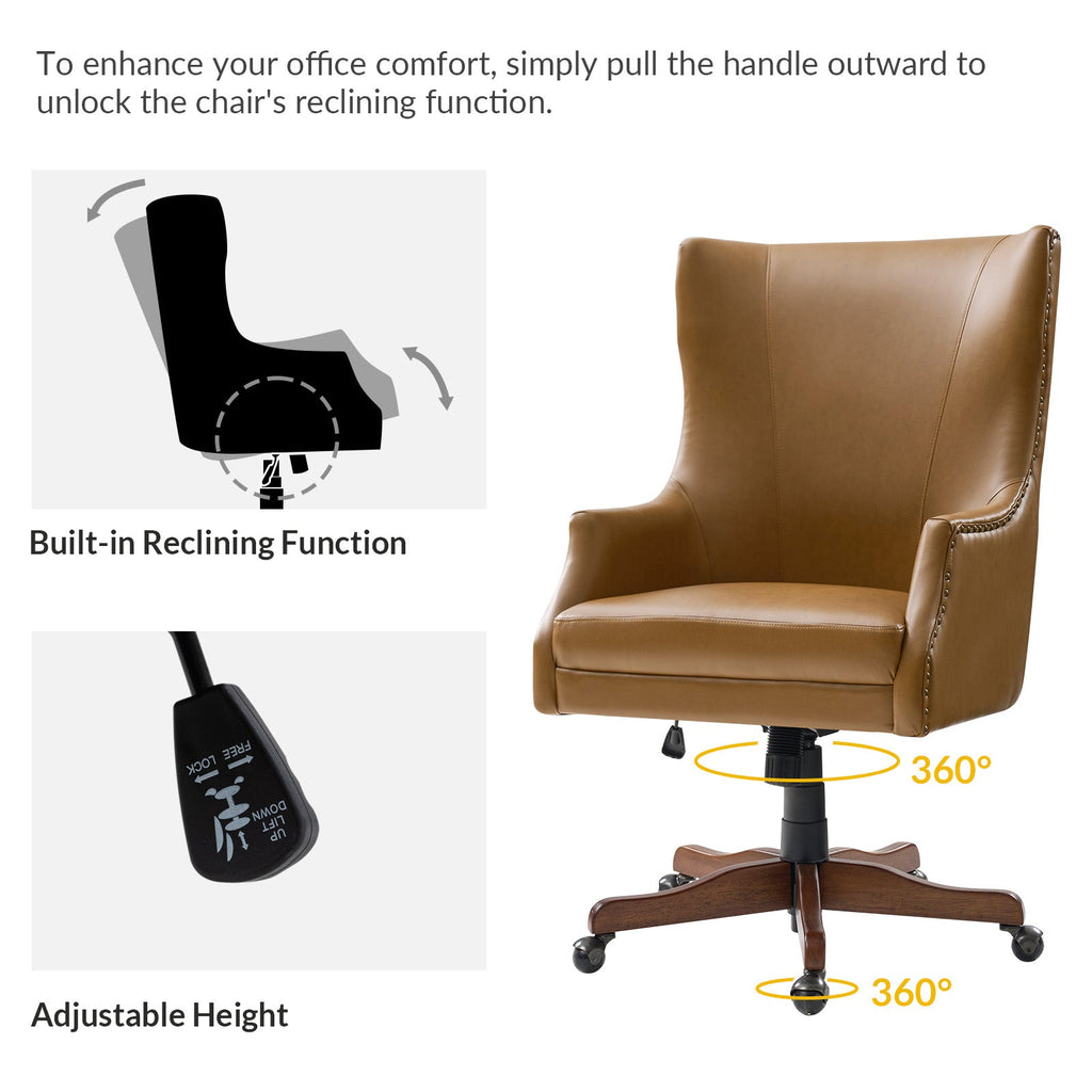 Chaise de bureau à dossier haut en cuir PU avec clous décoratifs en cuivre, hauteur réglable et pivotante | Camel / Noir / Marron | Un siège