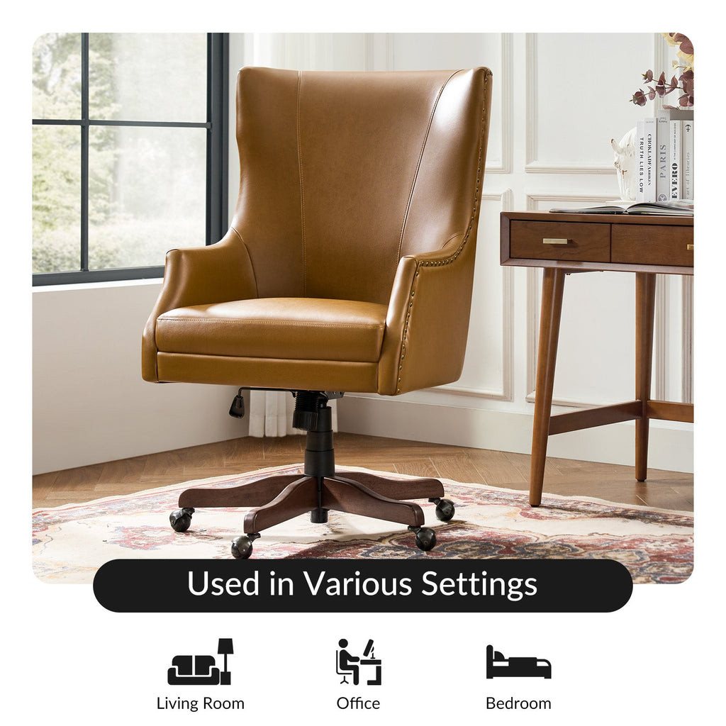 Chaise de bureau à dossier haut en cuir PU avec clous décoratifs en cuivre, hauteur réglable et pivotante | Camel / Noir / Marron | Un siège
