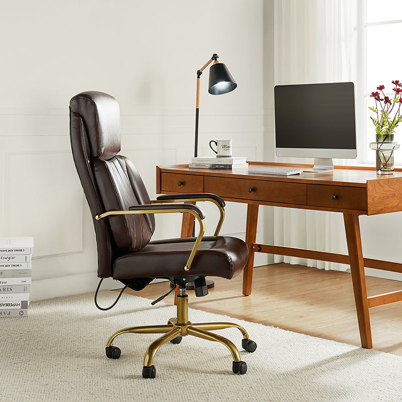 Chaise de bureau ergonomique en cuir PU avec support lombaire à coussin d'air, hauteur réglable et base en métal doré | Camel / Ivoire / Marron | Siège unique