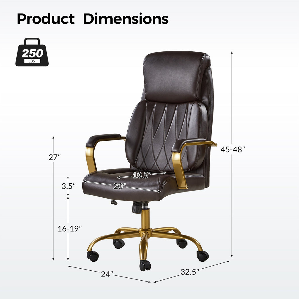Chaise de bureau ergonomique en cuir PU avec support lombaire à coussin d'air, hauteur réglable et base en métal doré | Camel / Ivoire / Marron | Siège unique