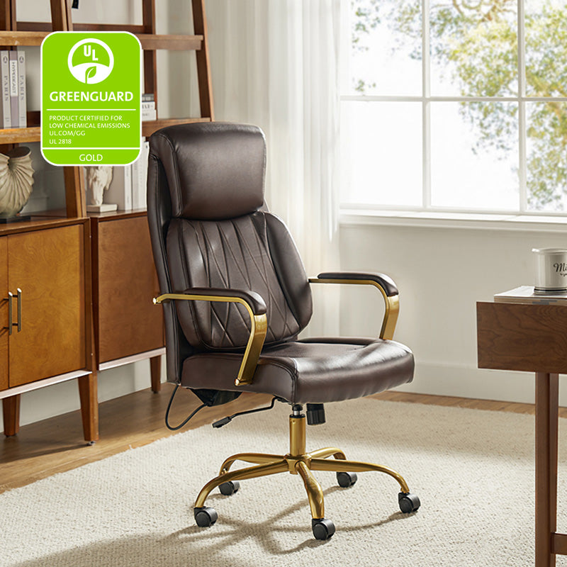 Chaise de bureau ergonomique en cuir PU avec support lombaire à coussin d'air, hauteur réglable et base en métal doré | Camel / Ivoire / Marron | Siège unique