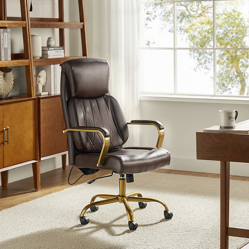 Chaise de bureau ergonomique en cuir PU avec support lombaire à coussin d'air, hauteur réglable et base en métal doré | Camel / Ivoire / Marron | Siège unique