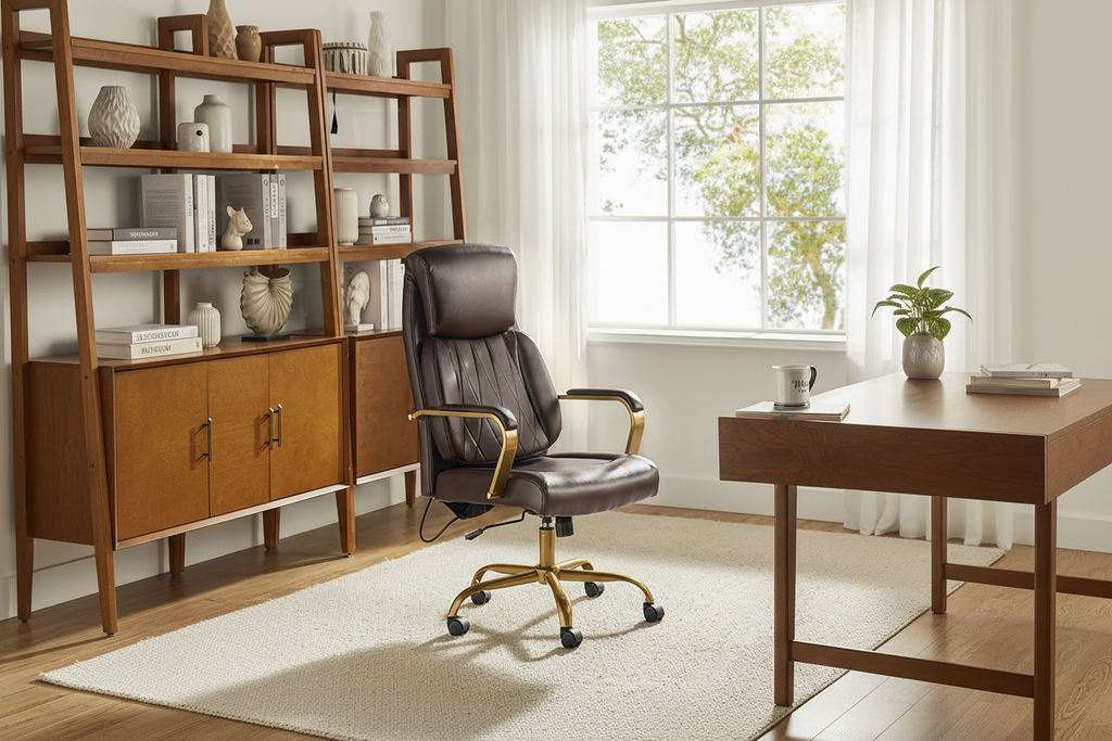 Chaise de bureau ergonomique en cuir PU avec support lombaire à coussin d'air, hauteur réglable et base en métal doré | Camel / Ivoire / Marron | Siège unique