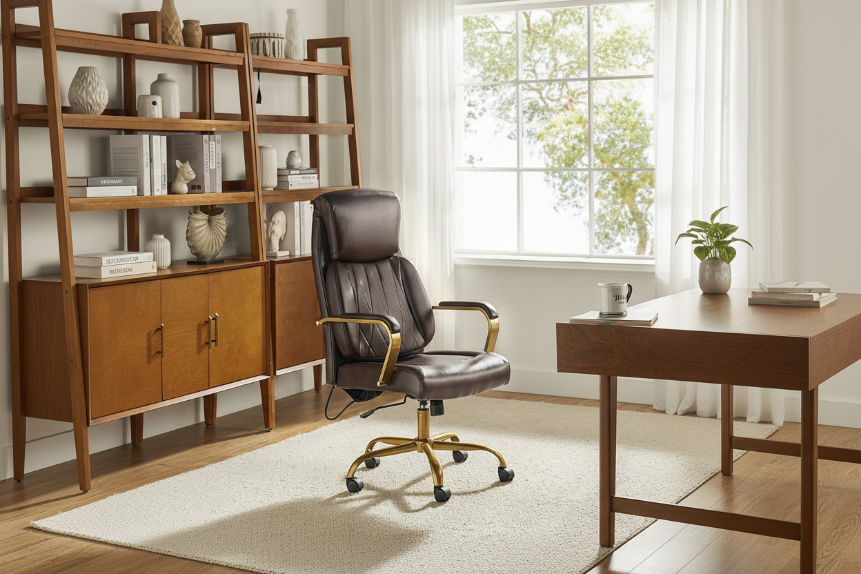 Chaise de bureau ergonomique en cuir PU avec support lombaire à coussin d'air, hauteur réglable et base en métal doré | Camel / Ivoire / Marron | Siège unique