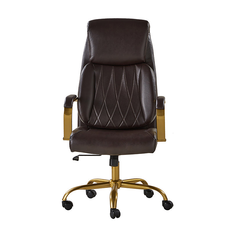 Chaise de bureau ergonomique en cuir PU avec support lombaire à coussin d'air, hauteur réglable et base en métal doré | Camel / Ivoire / Marron | Siège unique