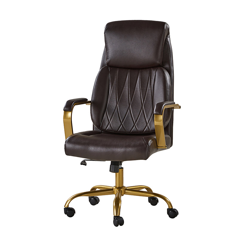 Chaise de bureau ergonomique en cuir PU avec support lombaire à coussin d'air, hauteur réglable et base en métal doré | Camel / Ivoire / Marron | Siège unique