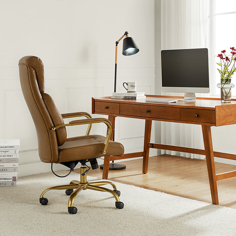 Chaise de bureau ergonomique en cuir PU avec support lombaire à coussin d'air, hauteur réglable et base en métal doré | Camel / Ivoire / Marron | Siège unique