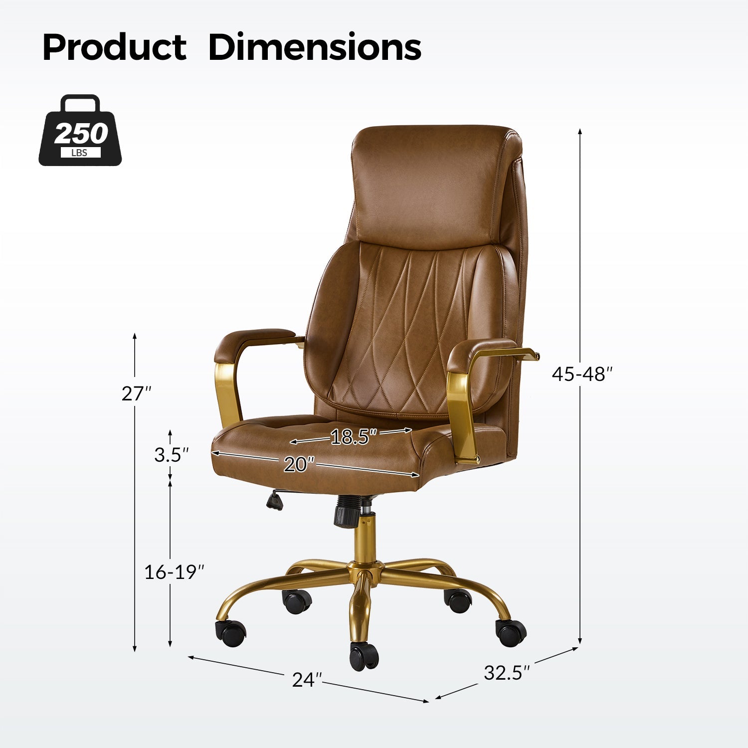 Chaise de bureau ergonomique en cuir PU avec support lombaire à coussin d'air, hauteur réglable et base en métal doré | Camel / Ivoire / Marron | Siège unique